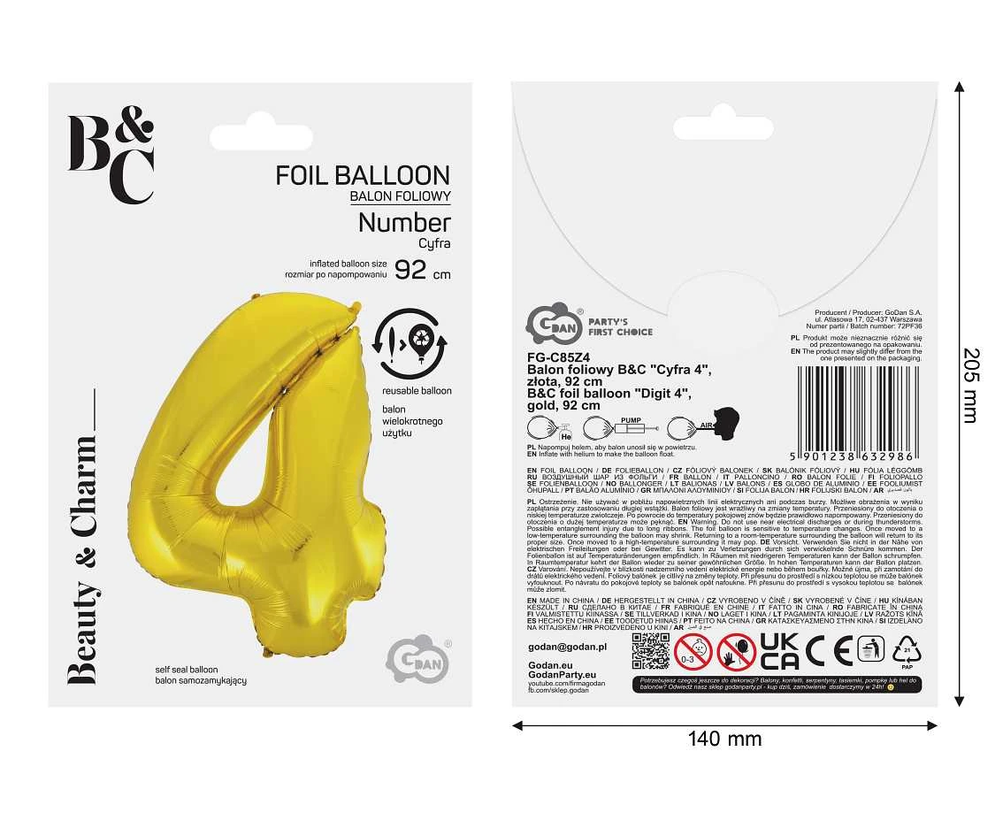 Balon foliowy B&C Cyfra 4, złota, 92 cm AA